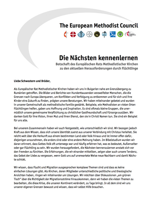 Brief des Europäischen Rats Methodistischer Kirchen zur Flüchtlingssituation